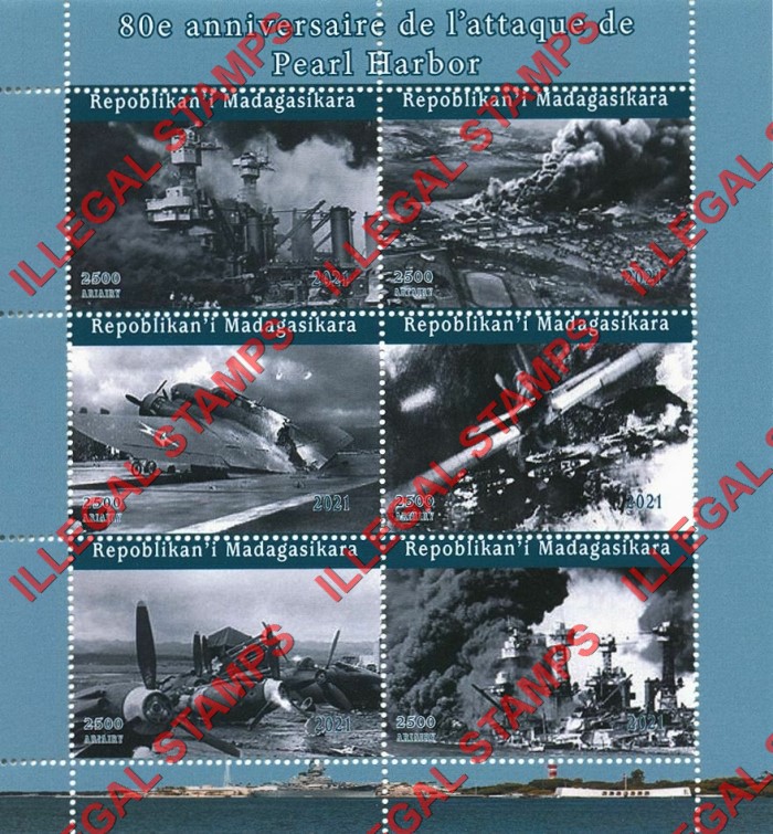 Madagascar 2021 Pearl Harbor Illegal Stamp Souvenir Sheet of 6 Madagascar 2021 Pearl Harbor Illegal Stamp Souvenir Sheet of 6