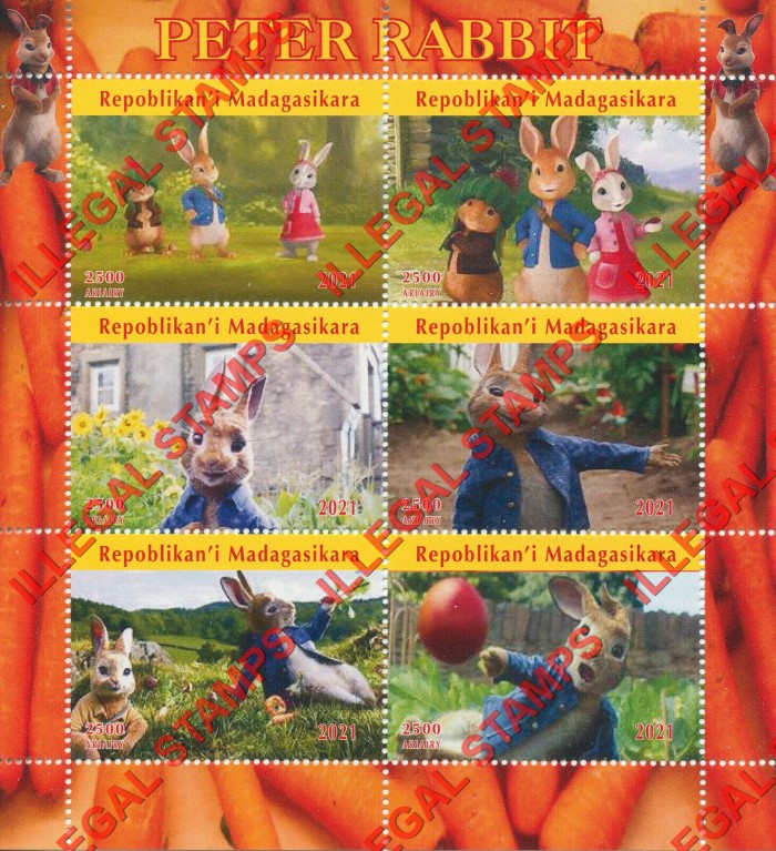 Madagascar 2021 Peter Rabbit by Beatrix Potter Illegal Stamp Souvenir Sheet of 6 Madagascar 2021 Peter Rabbit by Beatrix Potter Illegal Stamp Souvenir Sheet of 6