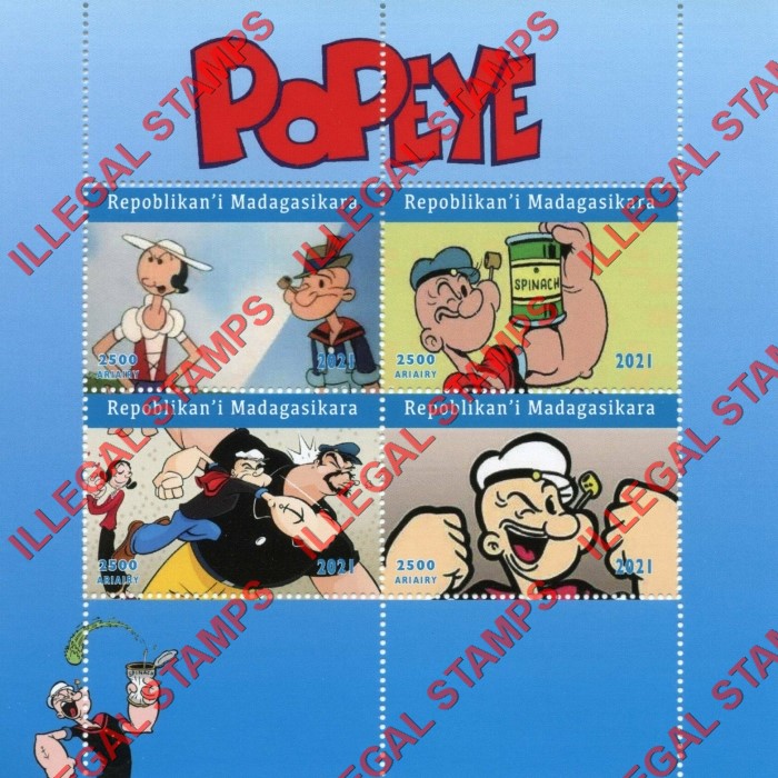 Madagascar 2021 Popeye the Sailor Illegal Stamp Souvenir Sheet of 4 Madagascar 2021 Popeye the Sailor Illegal Stamp Souvenir Sheet of 4