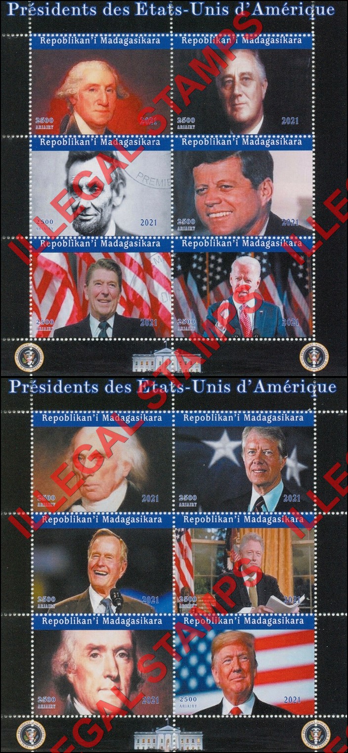 Madagascar 2021 Presidents of the United States Illegal Stamp Souvenir Sheets of 6 Madagascar 2021 Presidents of the United States Illegal Stamp Souvenir Sheets of 6