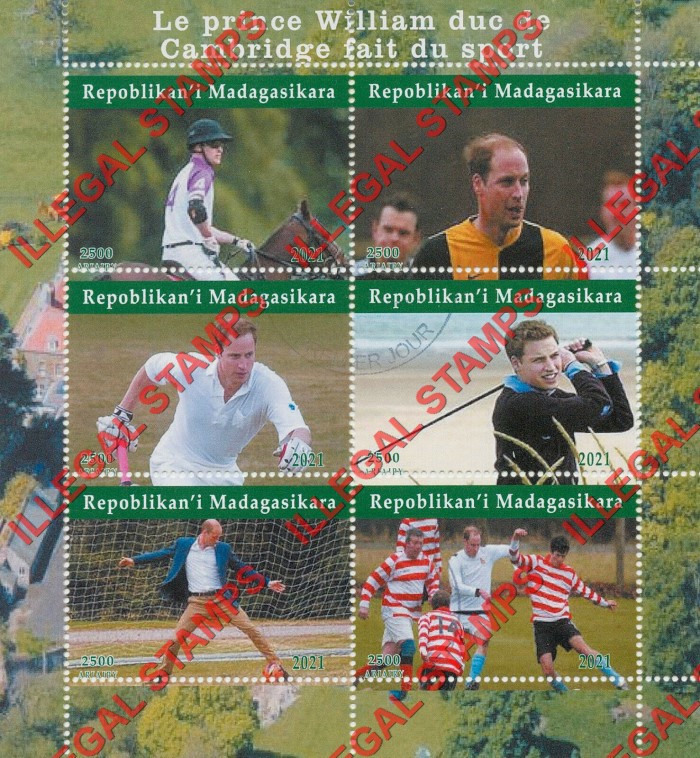 Madagascar 2021 Prince William Playing Sports Illegal Stamp Souvenir Sheet of 6 Madagascar 2021 Prince William Playing Sports Illegal Stamp Souvenir Sheet of 6