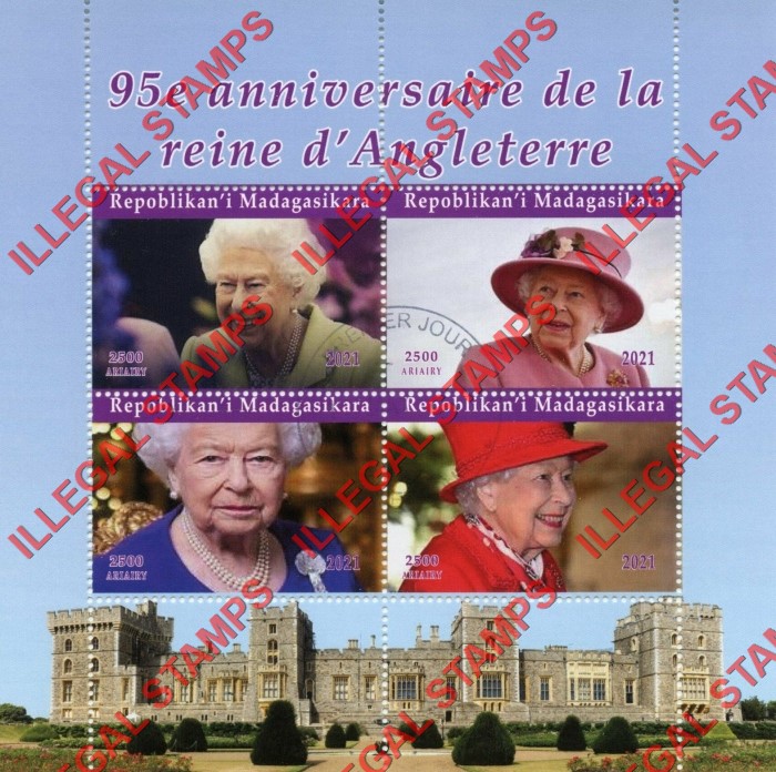 Madagascar 2021 Queen Elizabeth Illegal Stamp Souvenir Sheet of 4 Madagascar 2021 Queen Elizabeth Illegal Stamp Souvenir Sheet of 4