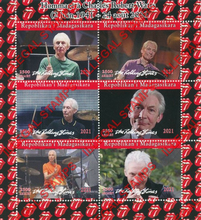 Madagascar 2021 Rolling Stones Charles Robert Watts Illegal Stamp Souvenir Sheets of 6 Madagascar 2021 Rolling Stones Charles Robert Watts Illegal Stamp Souvenir Sheets of 6