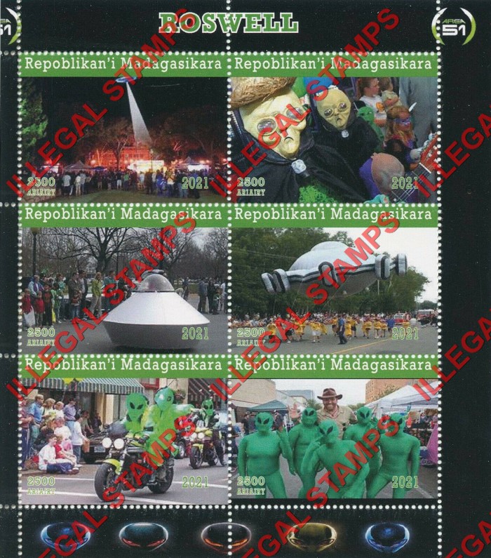 Madagascar 2021 Roswell Area 51 Illegal Stamp Souvenir Sheets of 6 Madagascar 2021 Roswell Area 51 Illegal Stamp Souvenir Sheets of 6