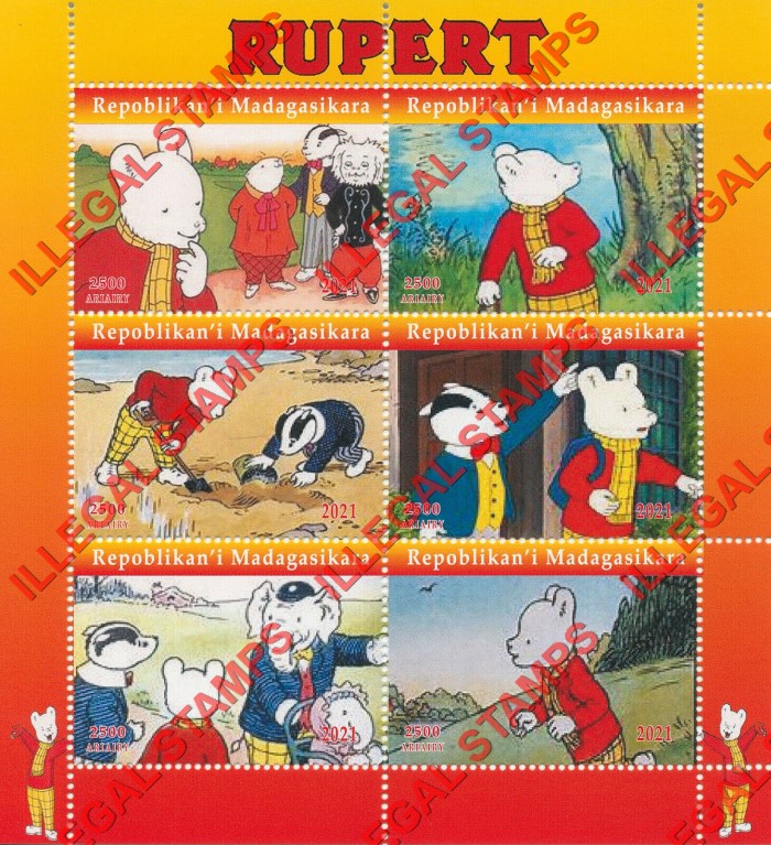 Madagascar 2021 Rupert Comic Strip Illegal Stamp Souvenir Sheet of 6 Madagascar 2021 Rupert Comic Strip Illegal Stamp Souvenir Sheet of 6