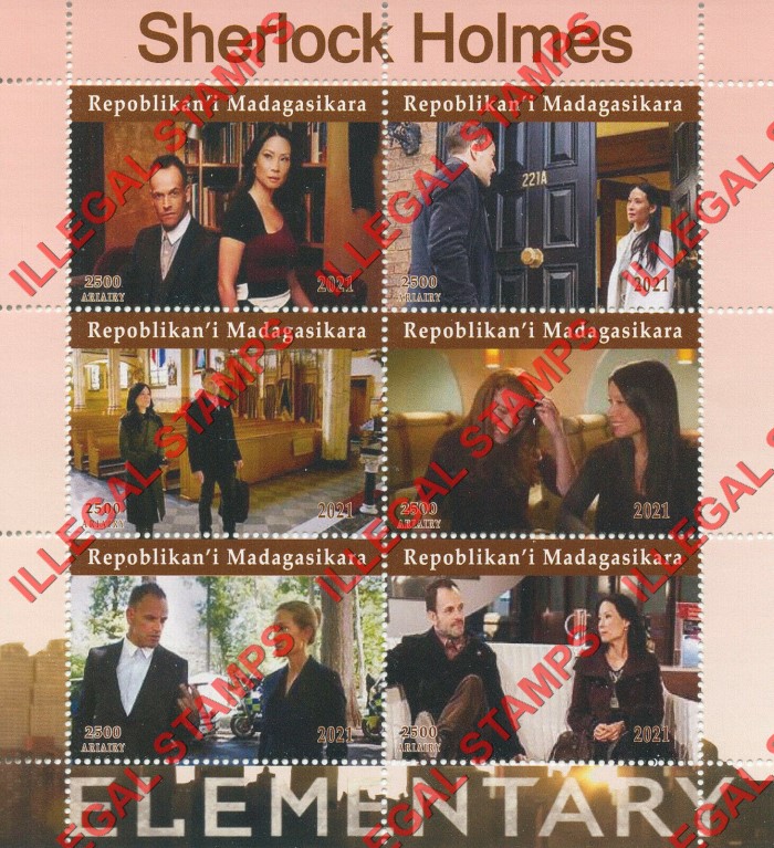 Madagascar 2021 Sherlock Holmes Elementary Illegal Stamp Souvenir Sheet of 6 Madagascar 2021 Sherlock Holmes Elementary Illegal Stamp Souvenir Sheet of 6