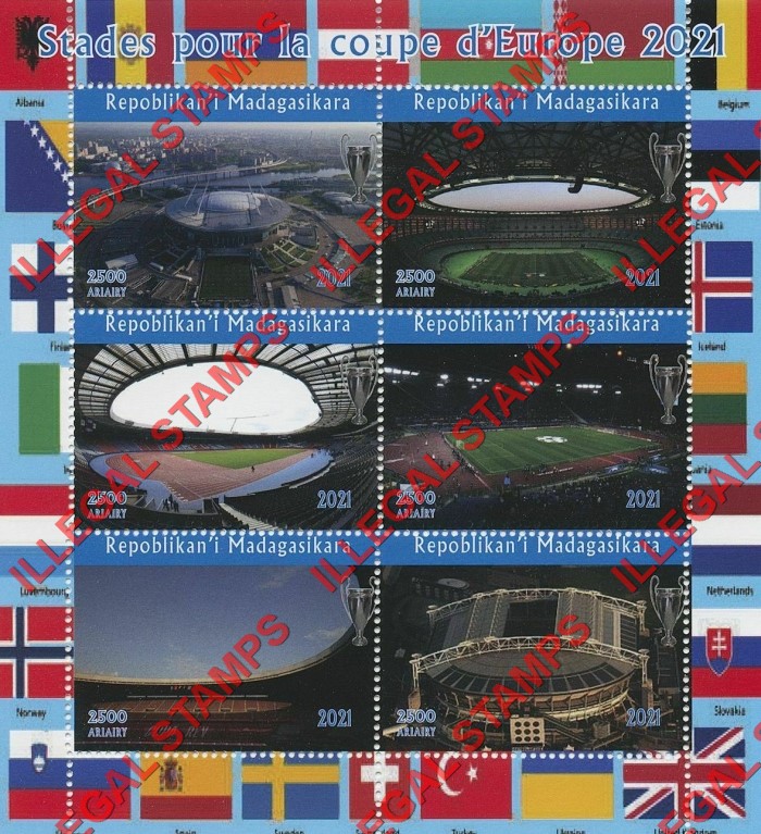 Madagascar 2021 Soccer Stadiums in Europe Illegal Stamp Souvenir Sheet of 6 Madagascar 2021 Soccer Stadiums in Europe Illegal Stamp Souvenir Sheet of 6