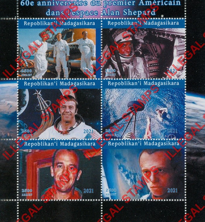 Madagascar 2021 Space Astronaut Alan Shepard Illegal Stamp Souvenir Sheet of 6 Madagascar 2021 Space Astronaut Alan Shepard Illegal Stamp Souvenir Sheet of 6