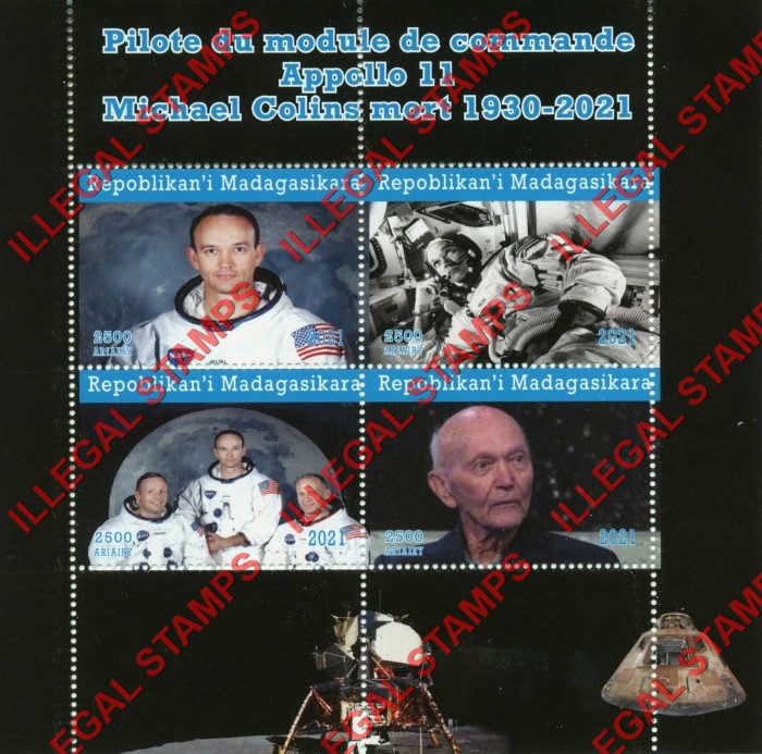 Madagascar 2021 Space Pilot Apollo 11 Michael Collins Illegal Stamp Souvenir Sheet of 4 Madagascar 2021 Space Pilot Apollo 11 Michael Collins Illegal Stamp Souvenir Sheet of 4