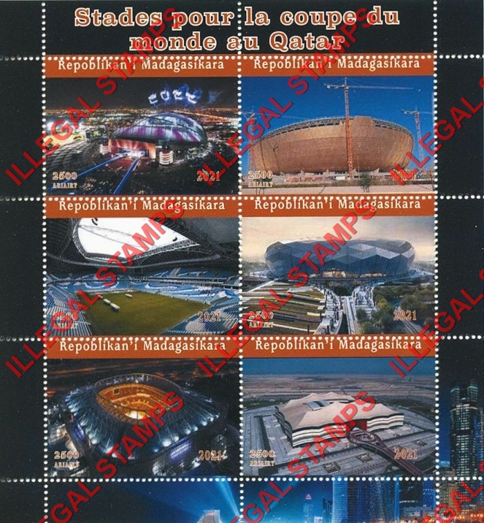 Madagascar 2021 Stadiums in Qatar Illegal Stamp Souvenir Sheet of 6 Madagascar 2021 Stadiums in Qatar Illegal Stamp Souvenir Sheet of 6