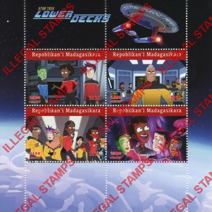 Madagascar 2021 Star Trek Lower Decks Cartoon Illegal Stamp Souvenir Sheet of 4 Madagascar 2021 Star Trek Lower Decks Cartoon Illegal Stamp Souvenir Sheet of 4