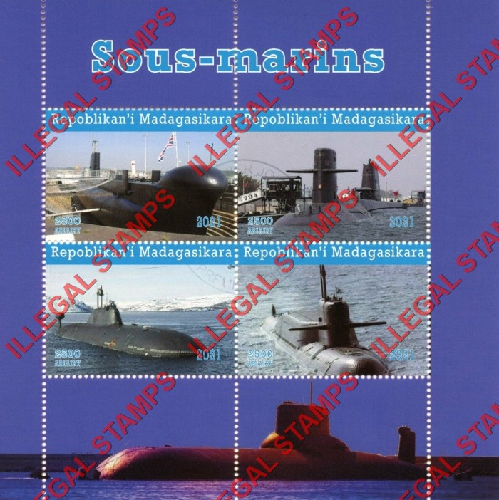 Madagascar 2021 Submarines Illegal Stamp Souvenir Sheet of 4 Madagascar 2021 Submarines Illegal Stamp Souvenir Sheet of 4