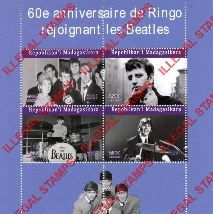Madagascar 2021 The Beatles 60th Anniversary of Ringo Star Joining the Band Illegal Stamp Souvenir Sheet of 4 Madagascar 2021 The Beatles 60th Anniversary of Ringo Star Joining the Band Illegal Stamp Souvenir Sheet of 4