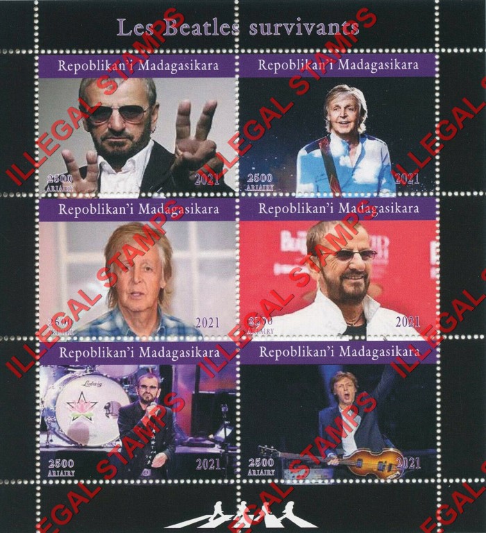 Madagascar 2021 The Beatles Survivors Paul and Ringo Illegal Stamp Souvenir Sheets of 6 Madagascar 2021 The Beatles Survivors Paul and Ringo Illegal Stamp Souvenir Sheets of 6