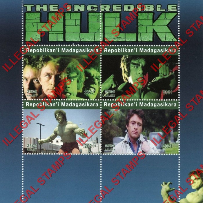 Madagascar 2021 The Incredible Hulk TV Series Illegal Stamp Souvenir Sheet of 4 Madagascar 2021 The Incredible Hulk TV Series Illegal Stamp Souvenir Sheet of 4
