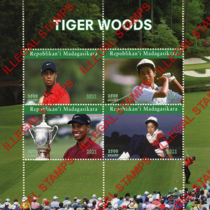 Madagascar 2021 Tiger Woods Golf Illegal Stamp Souvenir Sheet of 4 Madagascar 2021 Tiger Woods Golf Illegal Stamp Souvenir Sheet of 4