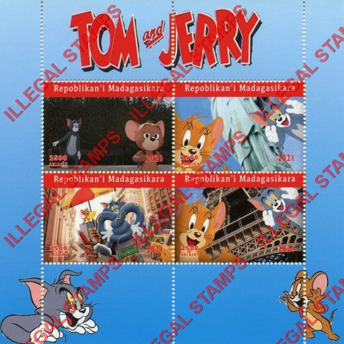 Madagascar 2021 Tom and Jerry Cartoon Illegal Stamp Souvenir Sheet of 4 Madagascar 2021 Tom and Jerry Cartoon Illegal Stamp Souvenir Sheet of 4
