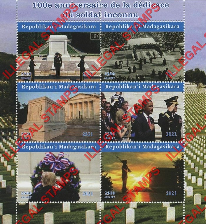 Madagascar 2021 Tomb of the Unknown Soldier Illegal Stamp Souvenir Sheet of 6 Madagascar 2021 Tomb of the Unknown Soldier Illegal Stamp Souvenir Sheet of 6