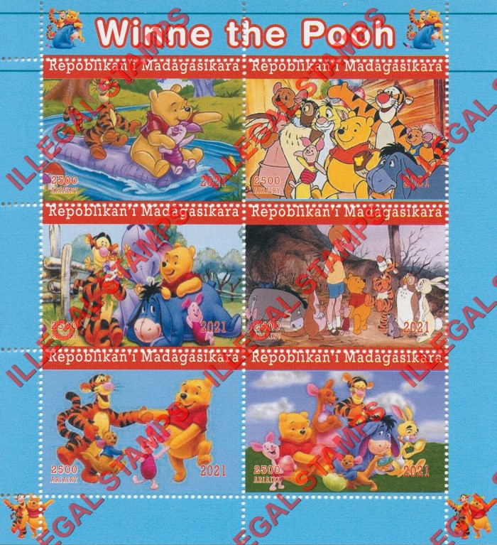 Madagascar 2021 Winnie the Pooh Illegal Stamp Souvenir Sheet of 6 Madagascar 2021 Winnie the Pooh Illegal Stamp Souvenir Sheet of 6