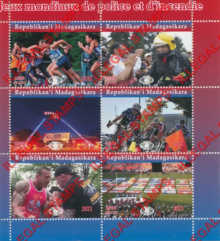 Madagascar 2021 World Police and Firefighters Games Illegal Stamp Souvenir Sheets of 6 Madagascar 2021 World Police and Firefighters Games Illegal Stamp Souvenir Sheets of 6