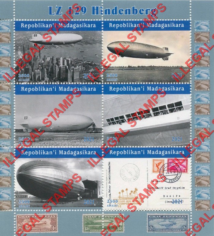 Madagascar 2021 Zeppelins Hindenberg Illegal Stamp Souvenir Sheets of 6 Madagascar 2021 Zeppelins Hindenberg Illegal Stamp Souvenir Sheets of 6