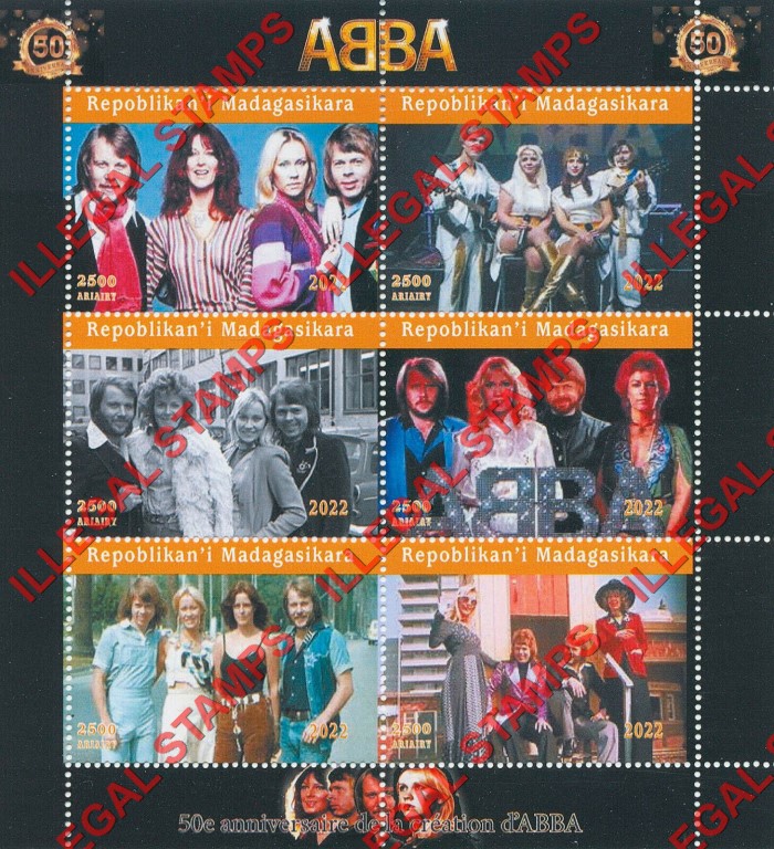 Madagascar 2022 ABBA Illegal Stamp Souvenir Sheet of 6 Madagascar 2022 ABBA Illegal Stamp Souvenir Sheet of 6