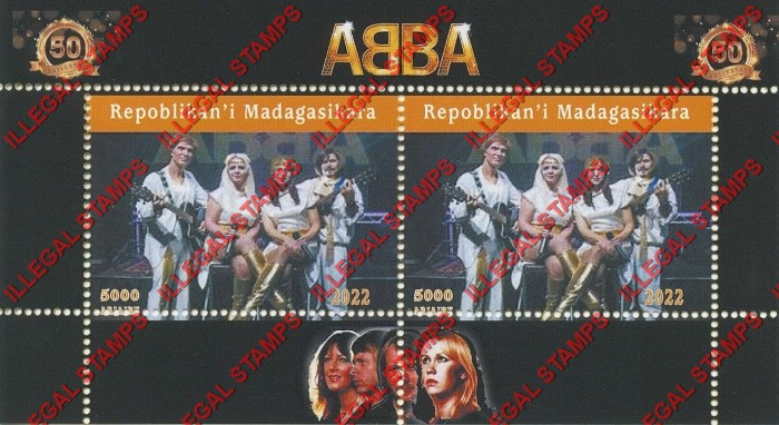 Madagascar 2022 ABBA Illegal Stamp Souvenir Sheet of 2 (Sheet 1) Madagascar 2022 ABBA Illegal Stamp Souvenir Sheet of 2 (Sheet 1)