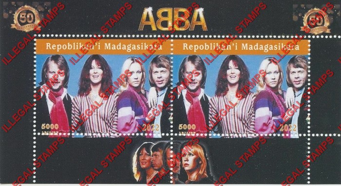 Madagascar 2022 ABBA Illegal Stamp Souvenir Sheet of 2 (Sheet 2) Madagascar 2022 ABBA Illegal Stamp Souvenir Sheet of 2 (Sheet 2)