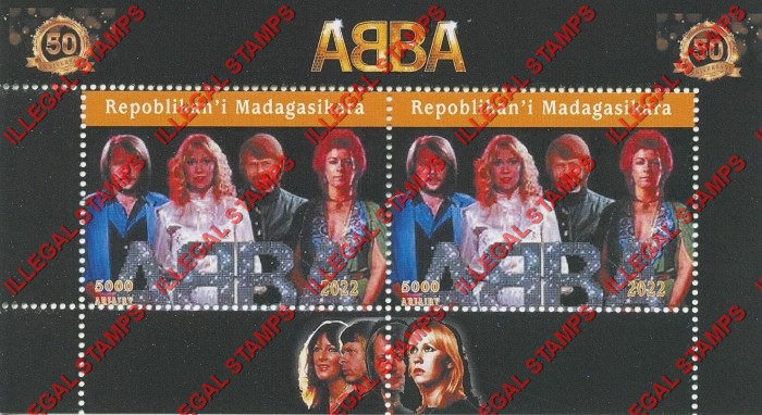 Madagascar 2022 ABBA Illegal Stamp Souvenir Sheet of 2 (Sheet 3) Madagascar 2022 ABBA Illegal Stamp Souvenir Sheet of 2 (Sheet 3)