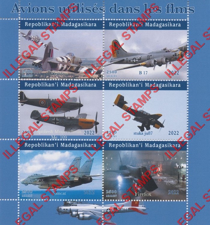 Madagascar 2022 Aircraft in Movies Illegal Stamp Souvenir Sheet of 6 (Sheet 1) Madagascar 2022 Aircraft in Movies Illegal Stamp Souvenir Sheet of 6 (Sheet 1)