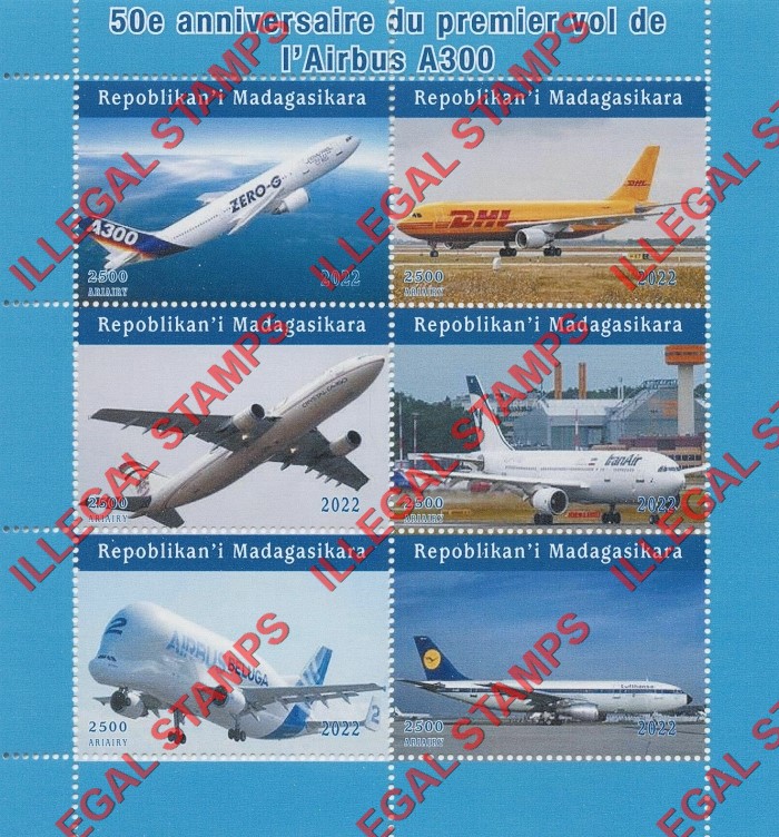 Madagascar 2022 Airplanes Commercial Jets Airbus A300 Illegal Stamp Souvenir Sheet of 6 Madagascar 2022 Airplanes Commercial Jets Airbus A300 Illegal Stamp Souvenir Sheet of 6