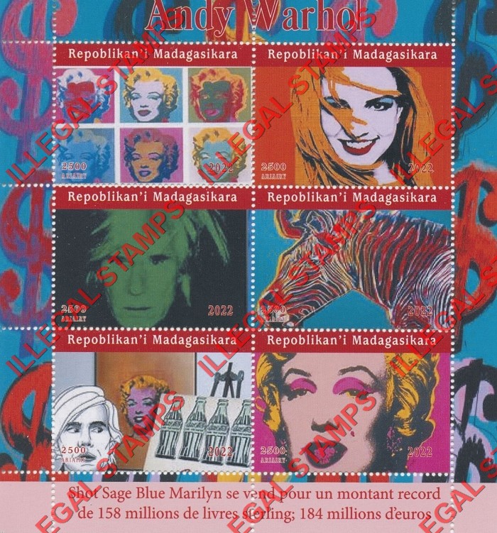 Madagascar 2022 Andy Warhol Marilyn Monroe Pop Art Illegal Stamp Souvenir Sheet of 6 Madagascar 2022 Andy Warhol Marilyn Monroe Pop Art Illegal Stamp Souvenir Sheet of 6