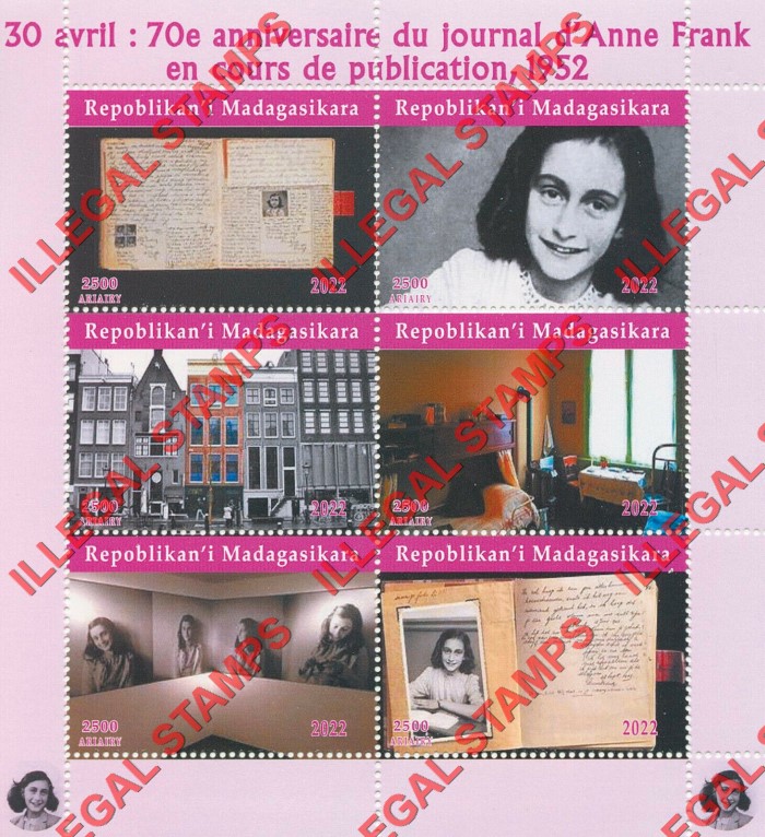 Madagascar 2022 Anne Frank Publication Illegal Stamp Souvenir Sheet of 6 Madagascar 2022 Anne Frank Publication Illegal Stamp Souvenir Sheet of 6