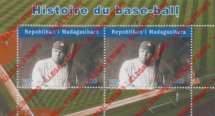 Madagascar 2022 Baseball History Babe Ruth Illegal Stamp Souvenir Sheet of 2 Madagascar 2022 Baseball History Babe Ruth Illegal Stamp Souvenir Sheet of 2