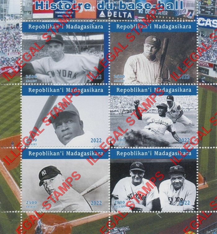 Madagascar 2022 Baseball History Joe DiMaggio Illegal Stamp Souvenir Sheet of 6 Madagascar 2022 Baseball History Joe DiMaggio Illegal Stamp Souvenir Sheet of 6