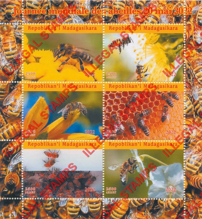 Madagascar 2022 Bees World Bee Day Illegal Stamp Souvenir Sheet of 6 Madagascar 2022 Bees World Bee Day Illegal Stamp Souvenir Sheet of 6
