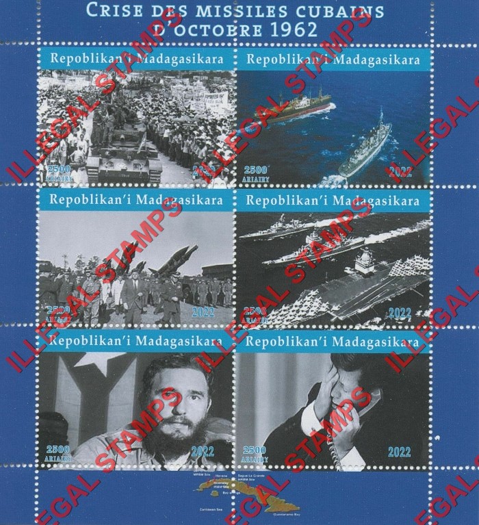 Madagascar 2022 Cuban Missile Crisis Illegal Stamp Souvenir Sheet of 6 Madagascar 2022 Cuban Missile Crisis Illegal Stamp Souvenir Sheet of 6