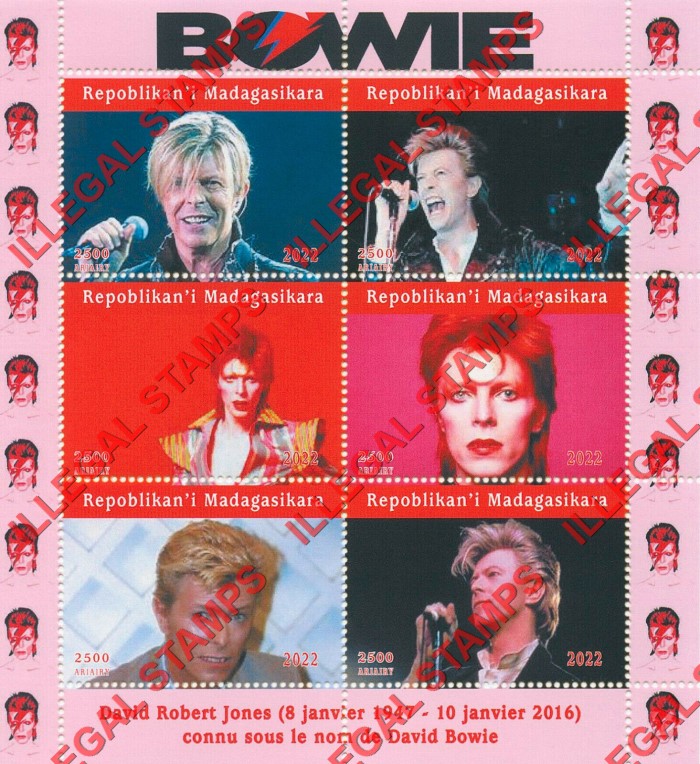 Madagascar 2022 David Bowie Illegal Stamp Souvenir Sheet of 6 Madagascar 2022 David Bowie Illegal Stamp Souvenir Sheet of 6