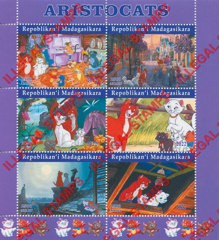 Madagascar 2022 Disney Aristocats Illegal Stamp Souvenir Sheet of 6 (Sheet 1) Madagascar 2022 Disney Aristocats Illegal Stamp Souvenir Sheet of 6 (Sheet 1)