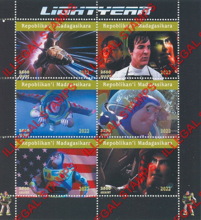 Madagascar 2022 Disney Buzz Lightyear Toy Story Illegal Stamp Souvenir Sheet of 6 Madagascar 2022 Disney Buzz Lightyear Toy Story Illegal Stamp Souvenir Sheet of 6