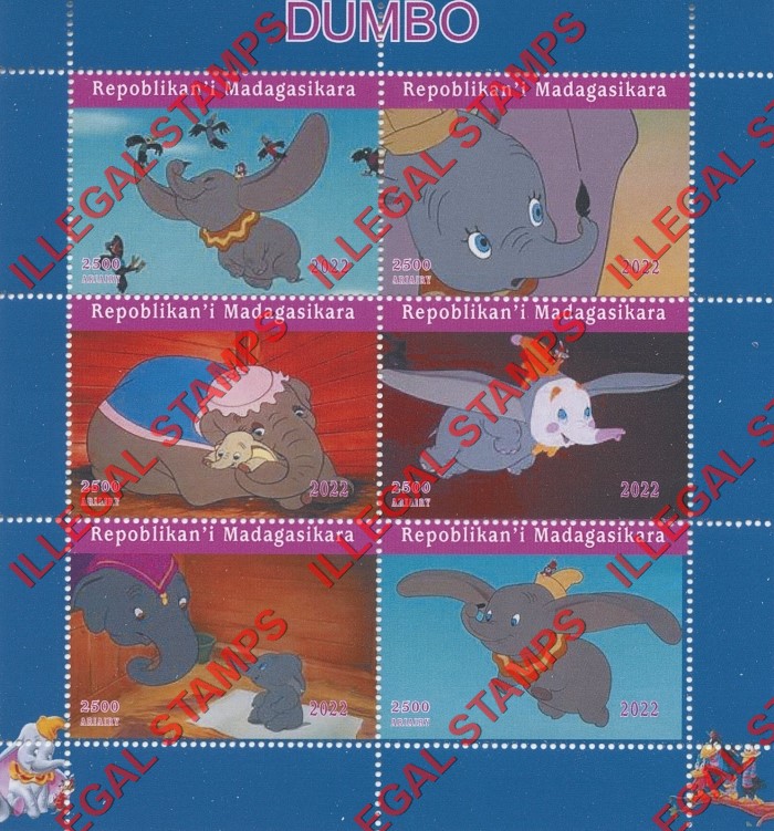 Madagascar 2022 Disney Dumbo Illegal Stamp Souvenir Sheet of 6 Madagascar 2022 Disney Dumbo Illegal Stamp Souvenir Sheet of 6