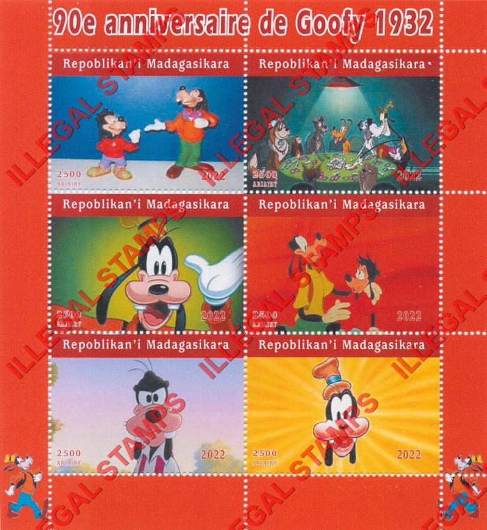 Madagascar 2022 Disney Goofy Illegal Stamp Souvenir Sheet of 6 Madagascar 2022 Disney Goofy Illegal Stamp Souvenir Sheet of 6