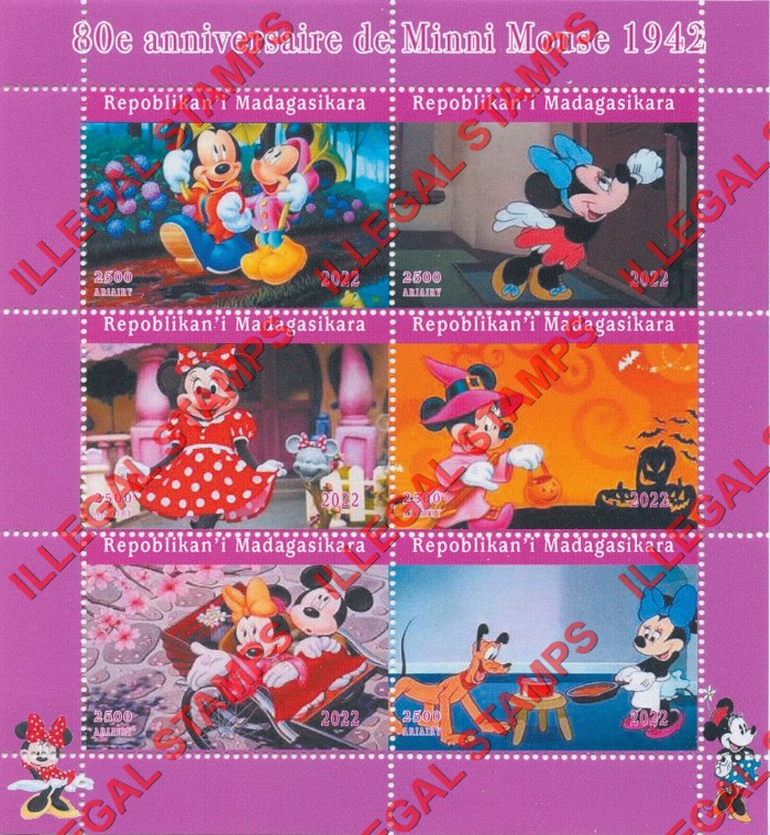 Madagascar 2022 Disney Minnie Mouse Illegal Stamp Souvenir Sheet of 6 Madagascar 2022 Disney Minnie Mouse Illegal Stamp Souvenir Sheet of 6