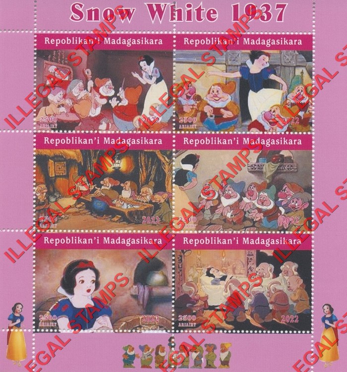 Madagascar 2022 Disney Snow White 1937 Illegal Stamp Souvenir Sheet of 6 Madagascar 2022 Disney Snow White 1937 Illegal Stamp Souvenir Sheet of 6
