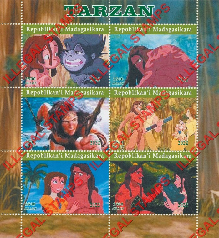 Madagascar 2022 Disney Tarzan Illegal Stamp Souvenir Sheet of 6 Madagascar 2022 Disney Tarzan Illegal Stamp Souvenir Sheet of 6