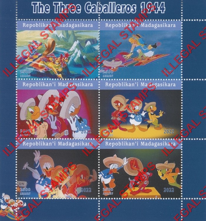 Madagascar 2022 Disney The Three Caballeros 1944 Illegal Stamp Souvenir Sheet of 6 Madagascar 2022 Disney The Three Caballeros 1944 Illegal Stamp Souvenir Sheet of 6