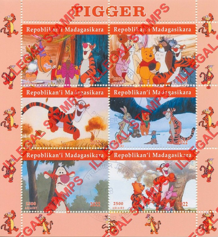 Madagascar 2022 Disney Tigger Illegal Stamp Souvenir Sheet of 6 Madagascar 2022 Disney Tigger Illegal Stamp Souvenir Sheet of 6