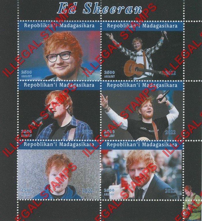 Madagascar 2022 Ed Sheeran Illegal Stamp Souvenir Sheet of 6 Madagascar 2022 Ed Sheeran Illegal Stamp Souvenir Sheet of 6