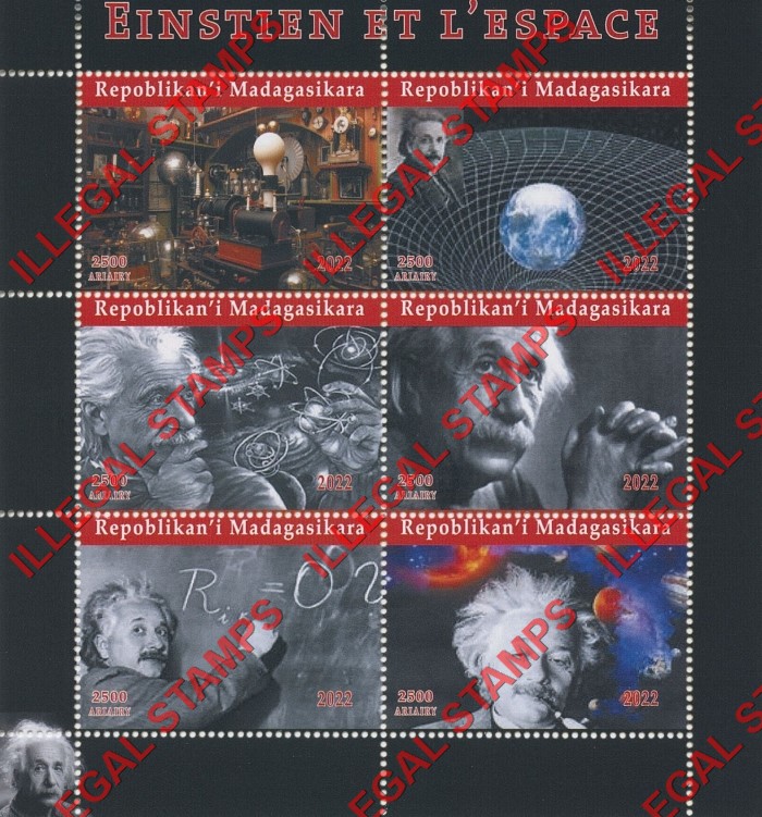Madagascar 2022 Einstein Space Illegal Stamp Souvenir Sheet of 6 Madagascar 2022 Einstein Space Illegal Stamp Souvenir Sheet of 6