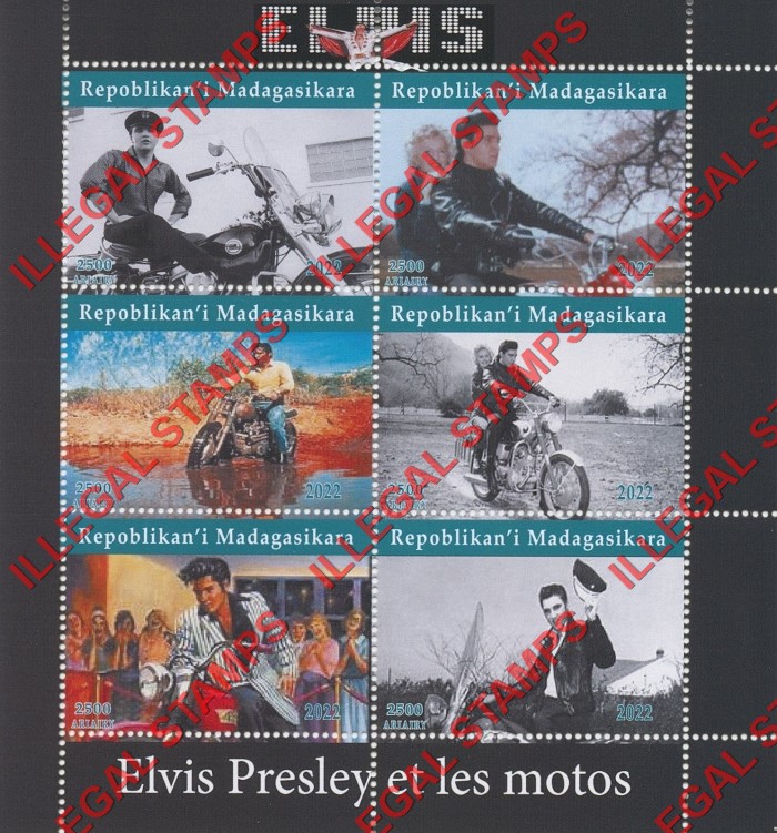 Madagascar 2022 Elvis Presley on Motorcycles Illegal Stamp Souvenir Sheet of 6 Madagascar 2022 Elvis Presley on Motorcycles Illegal Stamp Souvenir Sheet of 6